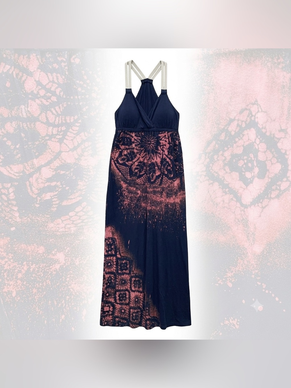 Pink Rose Navy and Pink Lace-Print Maxi Dress with Strappy Back